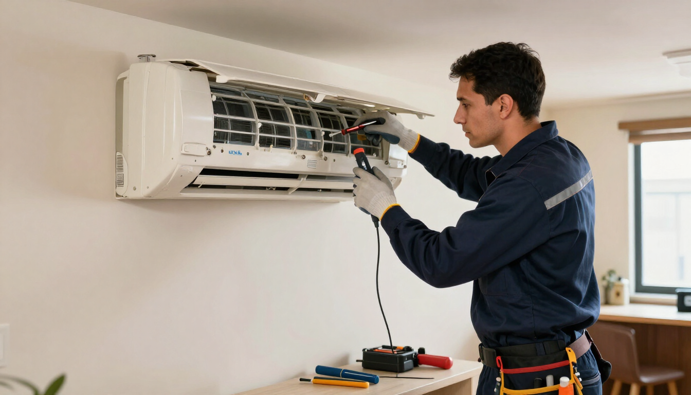 Técnico reparando un aire acondicionado de pared con herramientas en una habitación luminosa