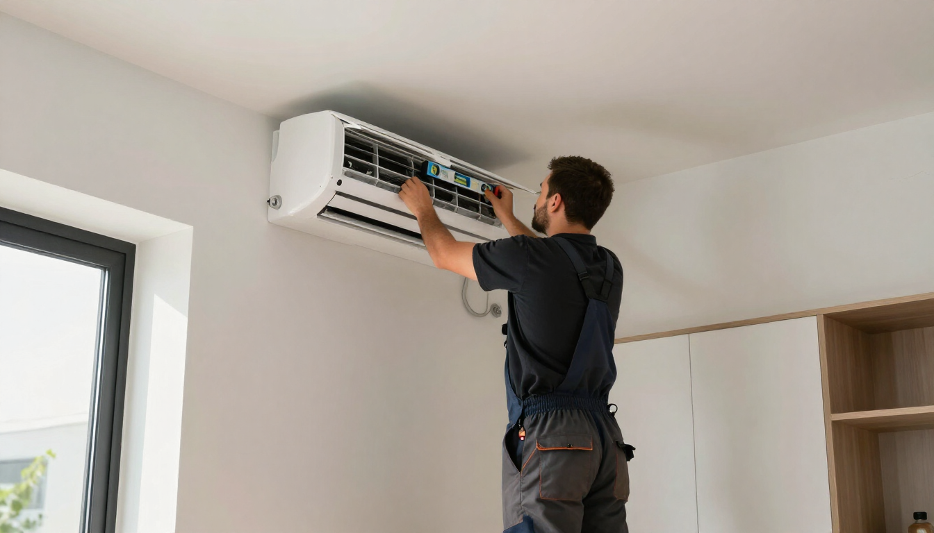 Técnico reparando un aire acondicionado de pared en una habitación luminosa