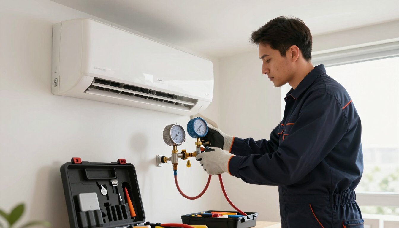 Técnico revisando el aire acondicionado con manómetros en una habitación luminosa