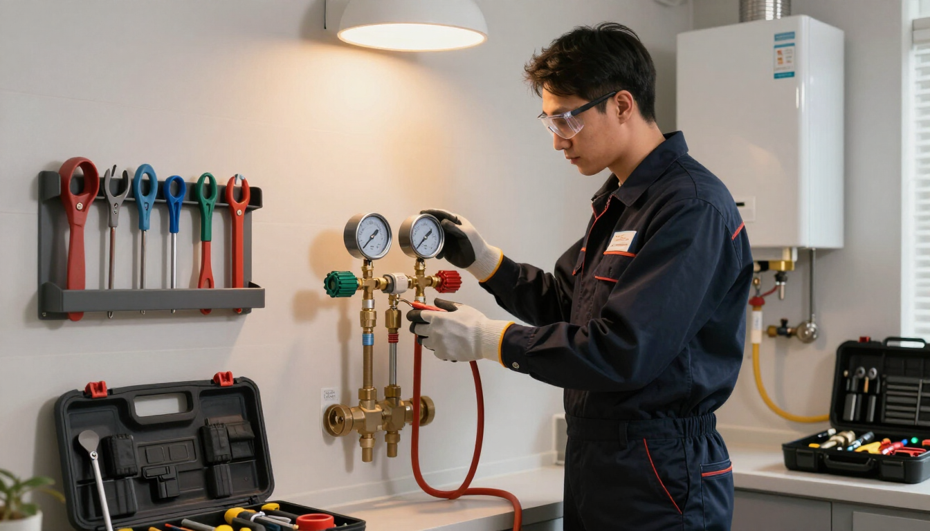 Técnico revisando los manómetros del sistema de climatización en un taller, con herramientas y equipos colgados en la pared