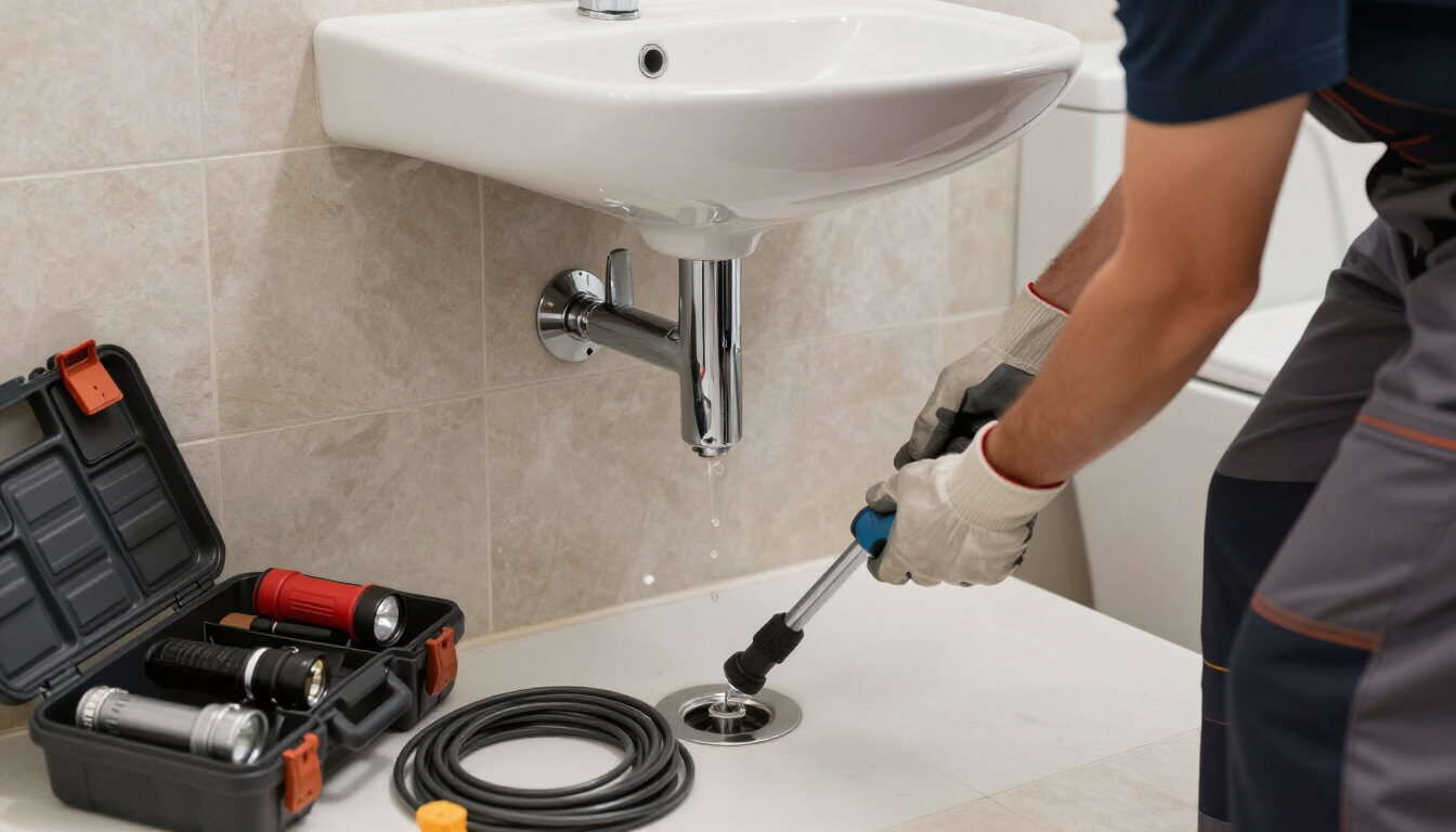 Un fontanero desatascando el desagüe de un lavabo con una serpiente de fontanería, junto a una caja de herramientas.