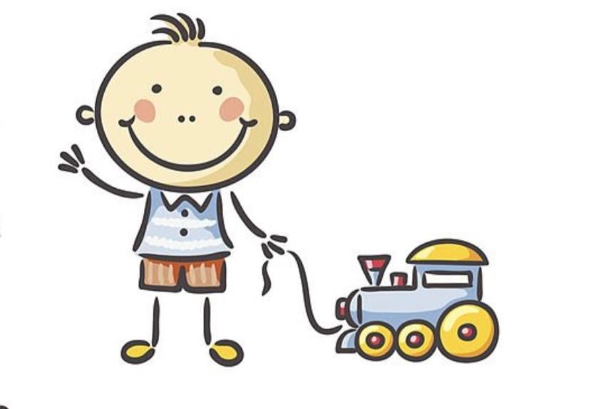 Cartoon child holding a string attached to a small toy train, smiling on a white background