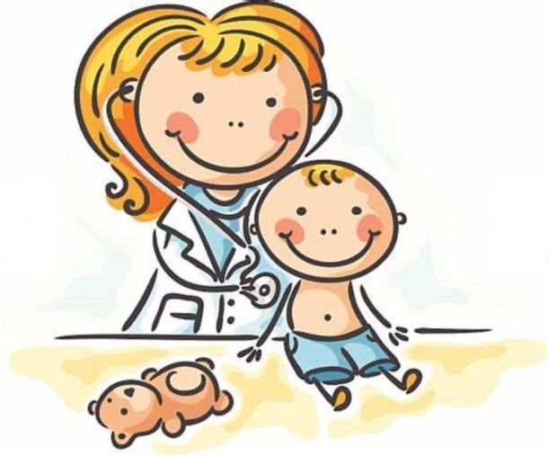Doctor with stethoscope examines child's chest; a teddy bear sits nearby.