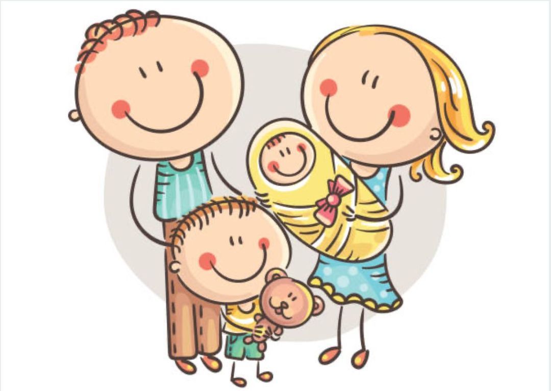 Illustration of a family with a mom, dad, girl, and baby
