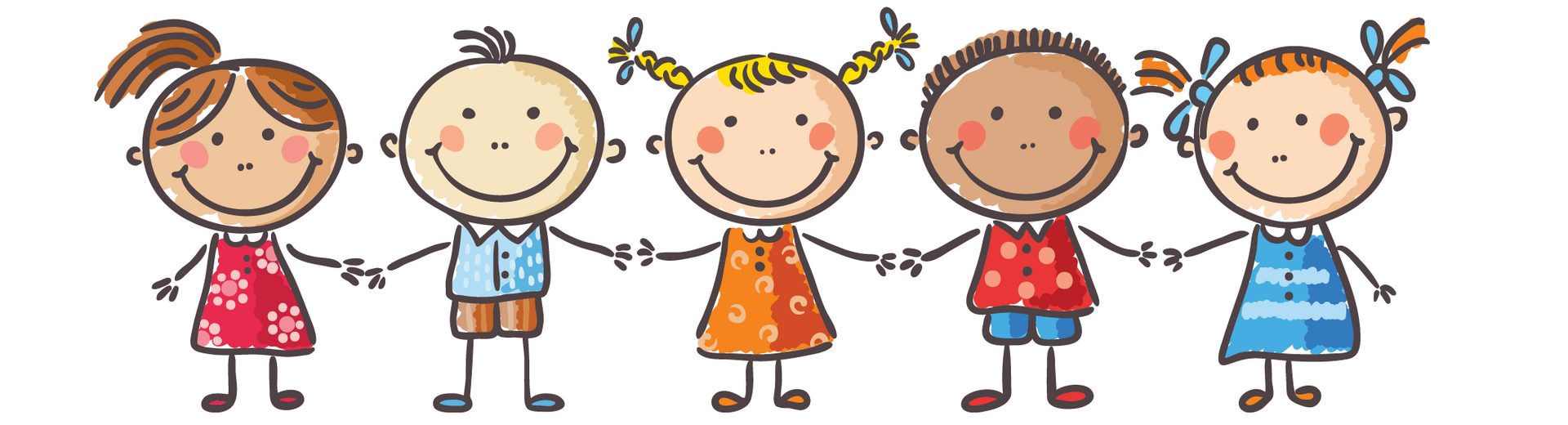 A group of stick figures are holding hands and smiling.