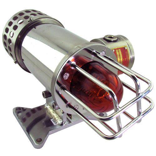 A stainless steel object with a red light inside of it