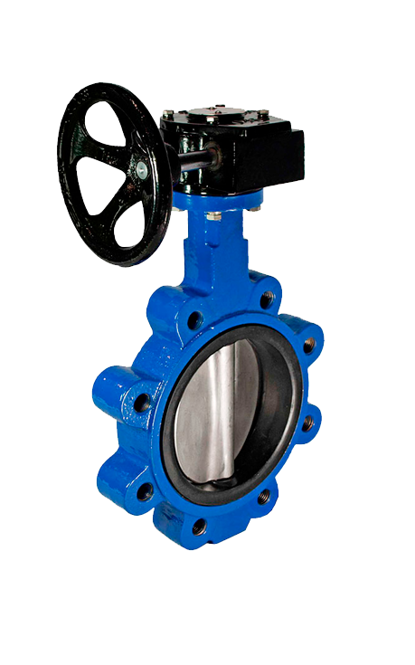 A blue butterfly valve with a black handle on a white background.