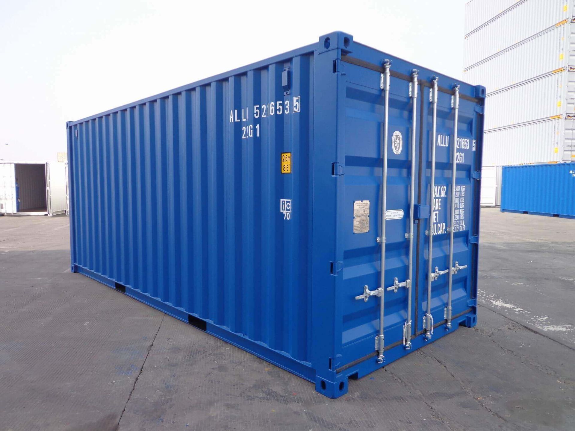 A large blue shipping container with the numbers 5146535 on it