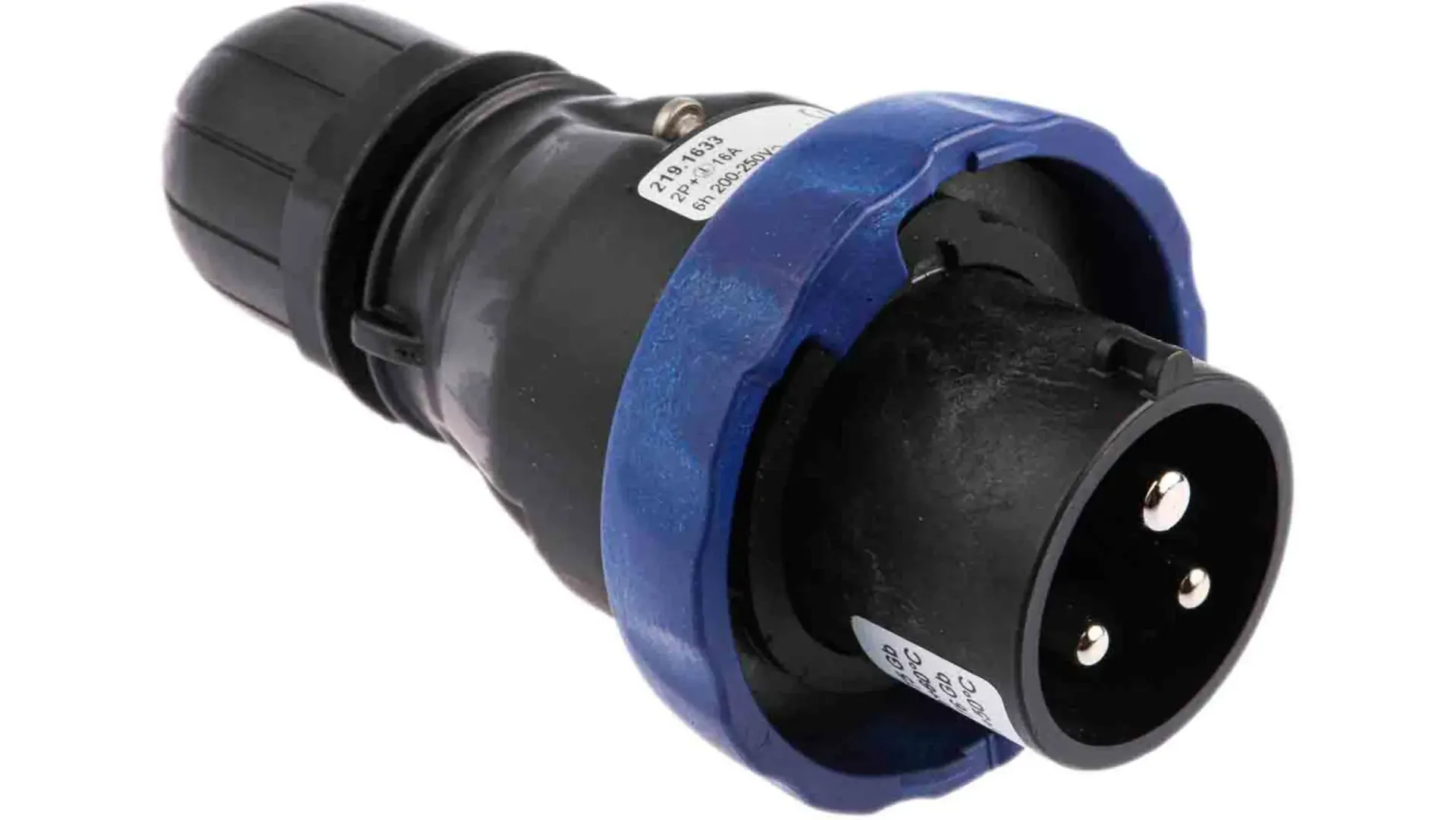 A close up of a black and blue plug on a white background.