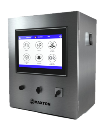 A stainless steel box with a maxton logo on it