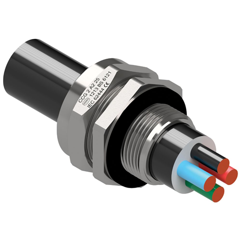A stainless steel connector with four wires coming out of it.