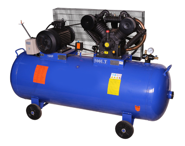 A blue air compressor with wheels on a white background