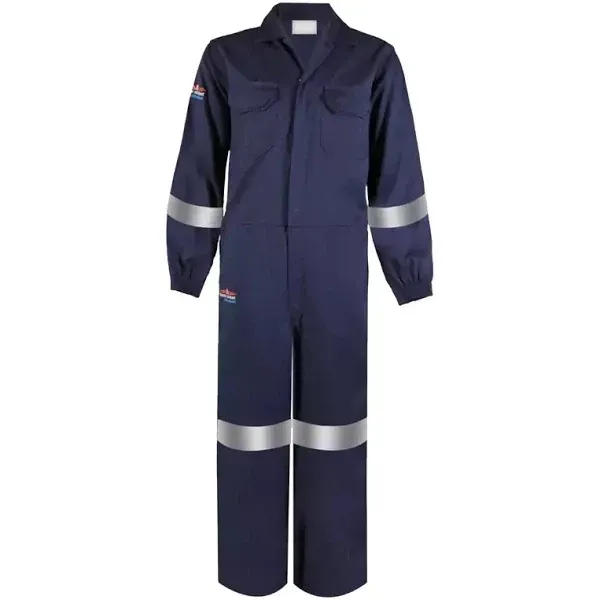 A blue coverall with reflective stripes on the sleeves and legs