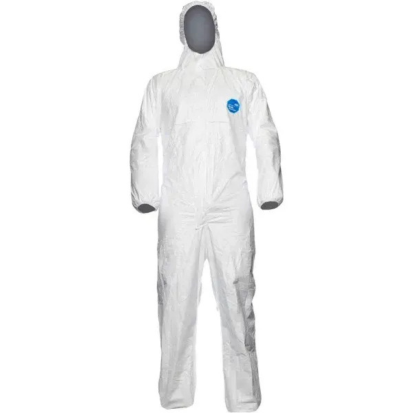 A white coverall with a hood is on a mannequin.