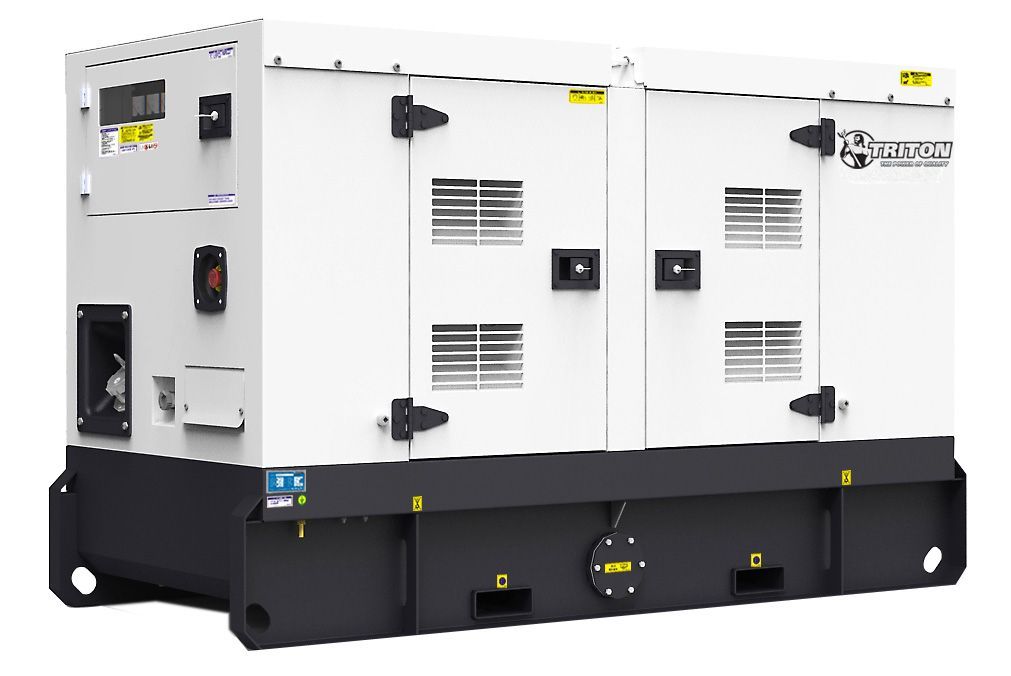 A white and black generator is sitting on a white surface.