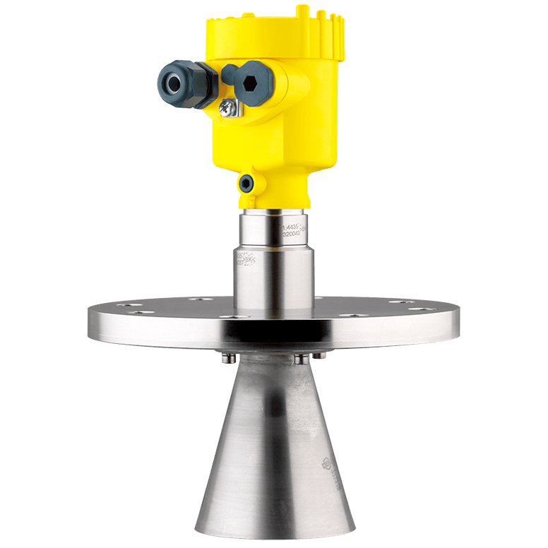 A yellow and stainless steel device with a flange on a white background.