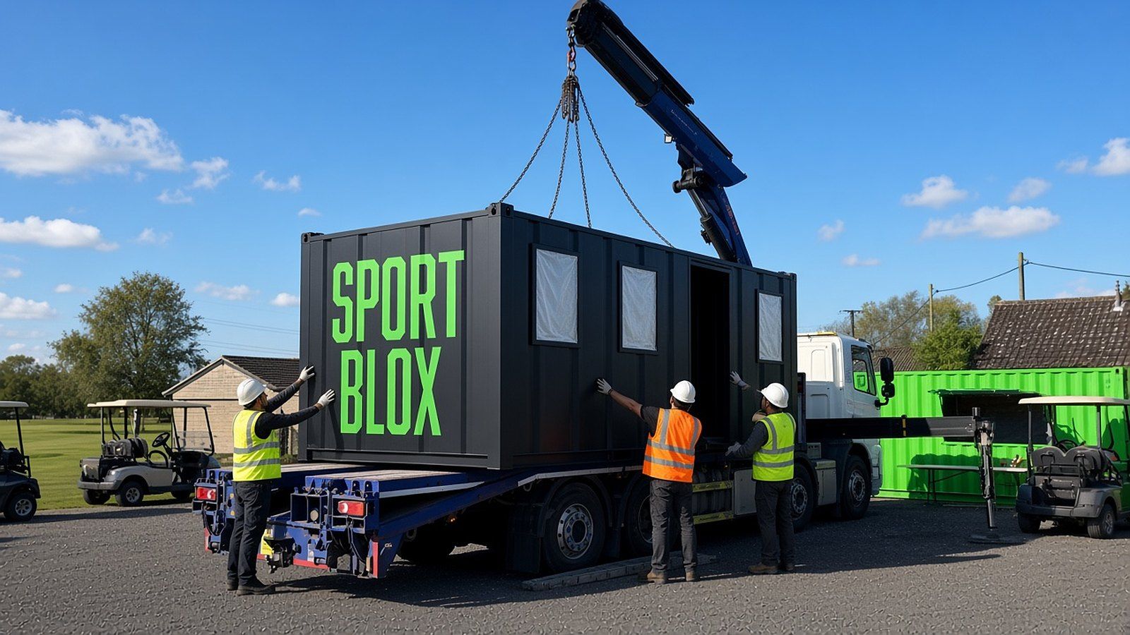 Concept render of a black Sport Blox container being lifted by a lorry-mounted crane as workers in hard hats and hi-vis vests guide it into place, with golf buggies and a green container nearby