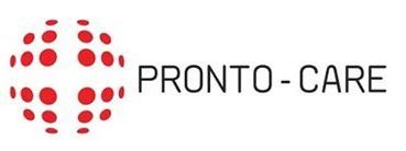 Logo PRONTO-CARE con emblema circolare punteggiato rosso e testo nero su sfondo bianco.