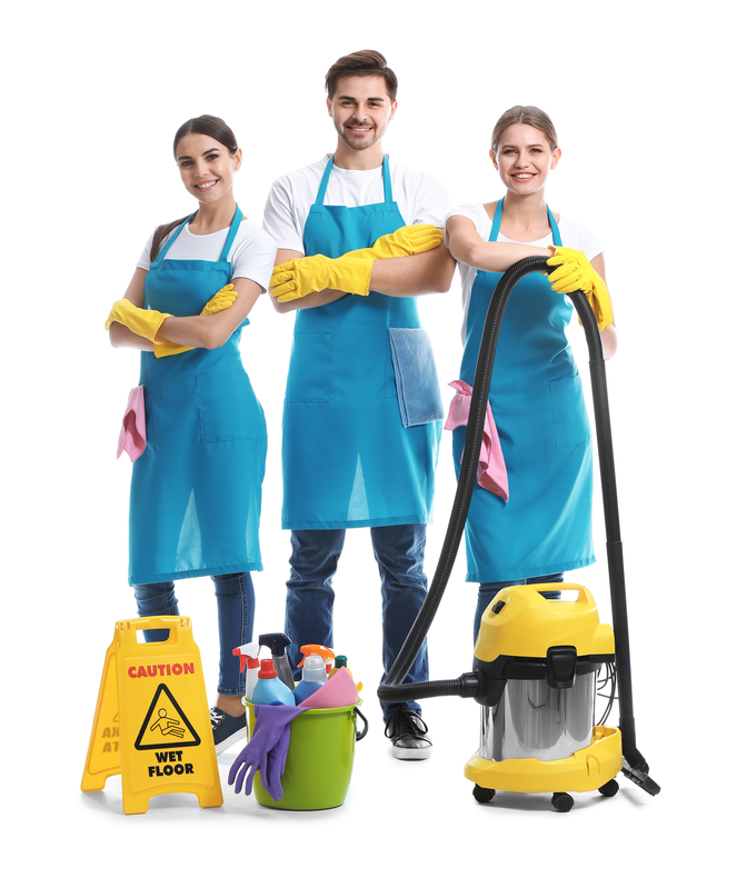 A group of cleaners standing next to each other with a vacuum cleaner.