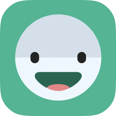 A light blue circular face with black eyes and a wide, happy, open-mouthed grin on a square, teal-green background.