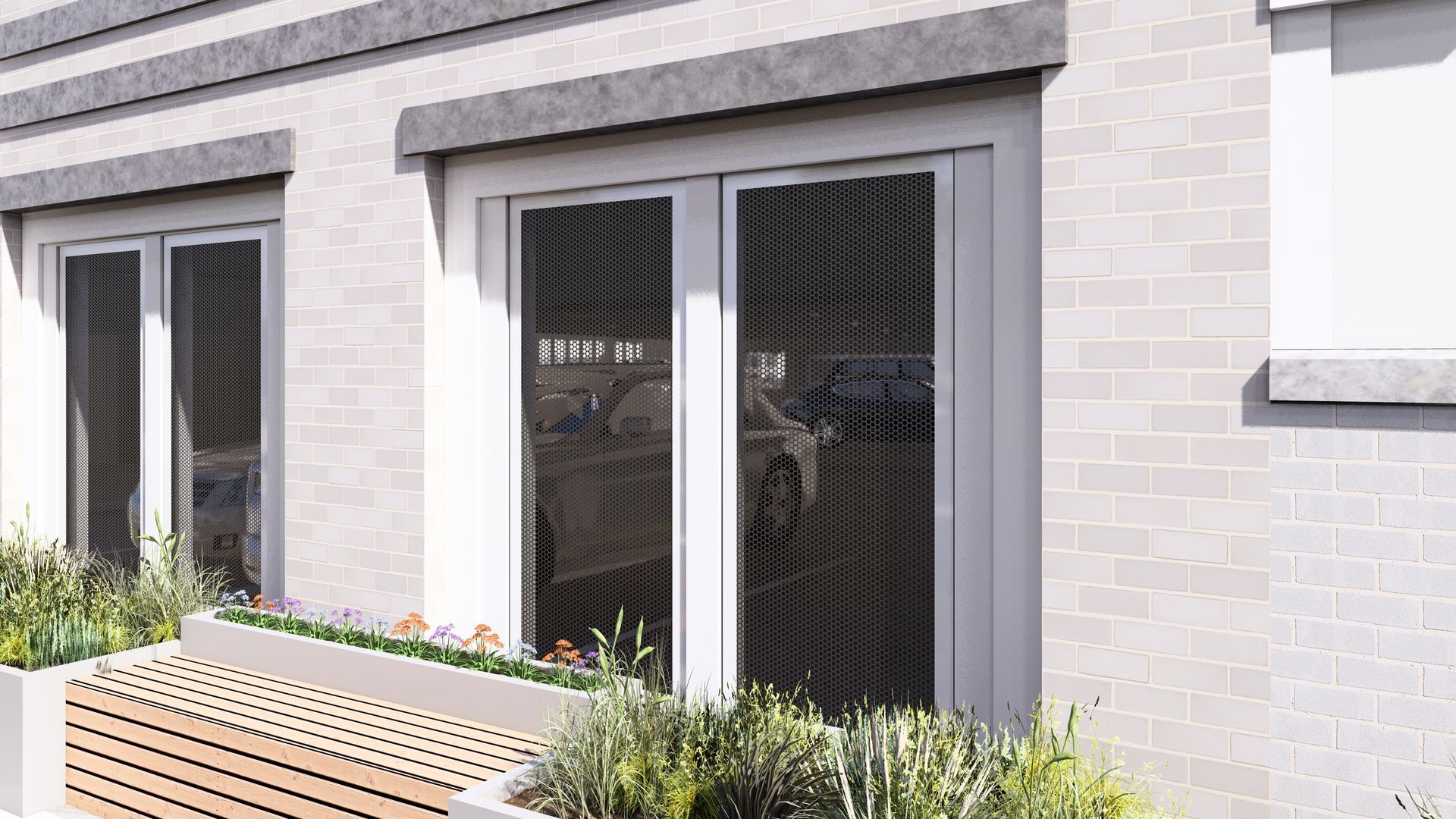 A beige brick building with two sets of glass double doors featuring dark mesh screens, fronted by wooden bench planters.