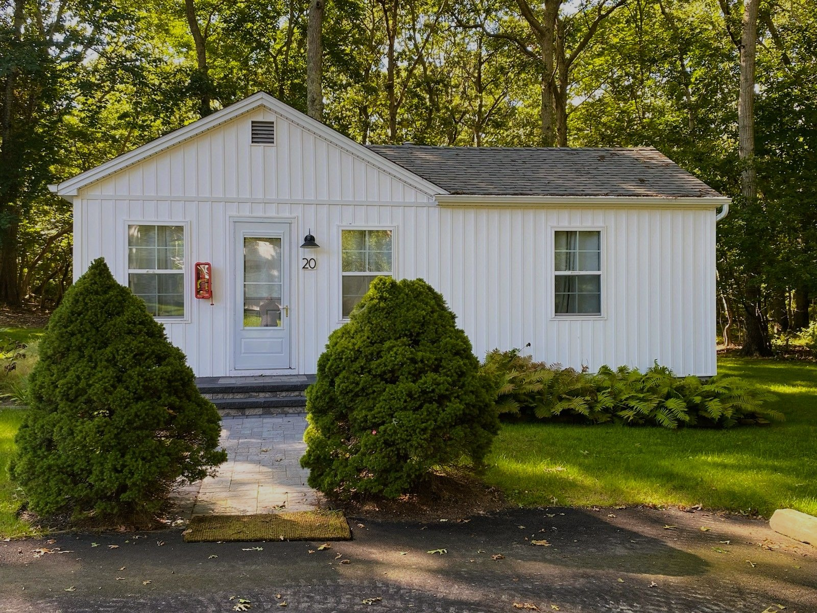 A small, white, single-story cottage with vertical siding, surrounded by green trees and two cone-shaped bushes.