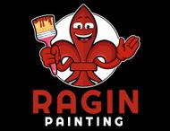 Red mascot holding a paintbrush above the words “Ragin Painting” on a black background