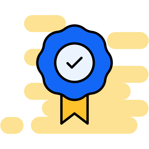 Blue award ribbon icon with a checkmark on a yellow background