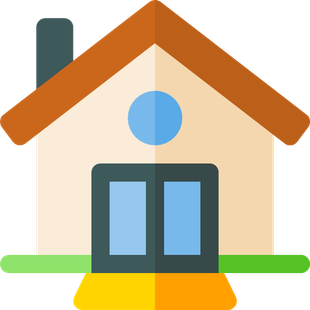 Illustrated house icon with orange roof, blue windows, and a chimney on a white background