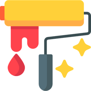 Paint roller with red paint drips and sparkles, suggesting painting or cleaning.
