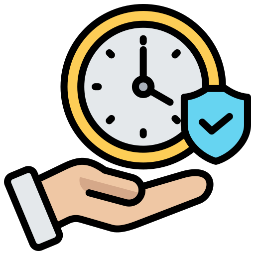 Hand holding a clock with a blue shield checkmark, symbolizing secure time protection
