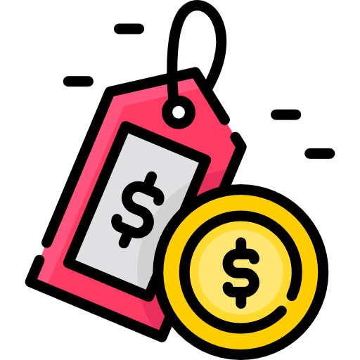 Pink price tag with dollar bill and gold coin icons