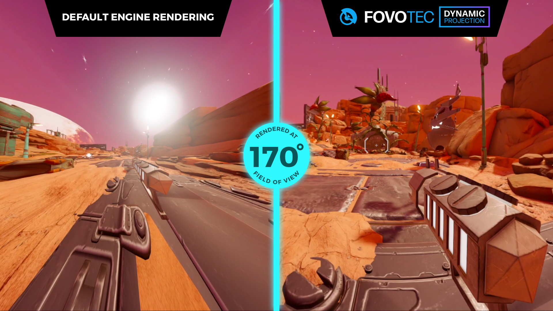 Comparing 170° FOV default engine rendering with Fovotec Dynamic Projection