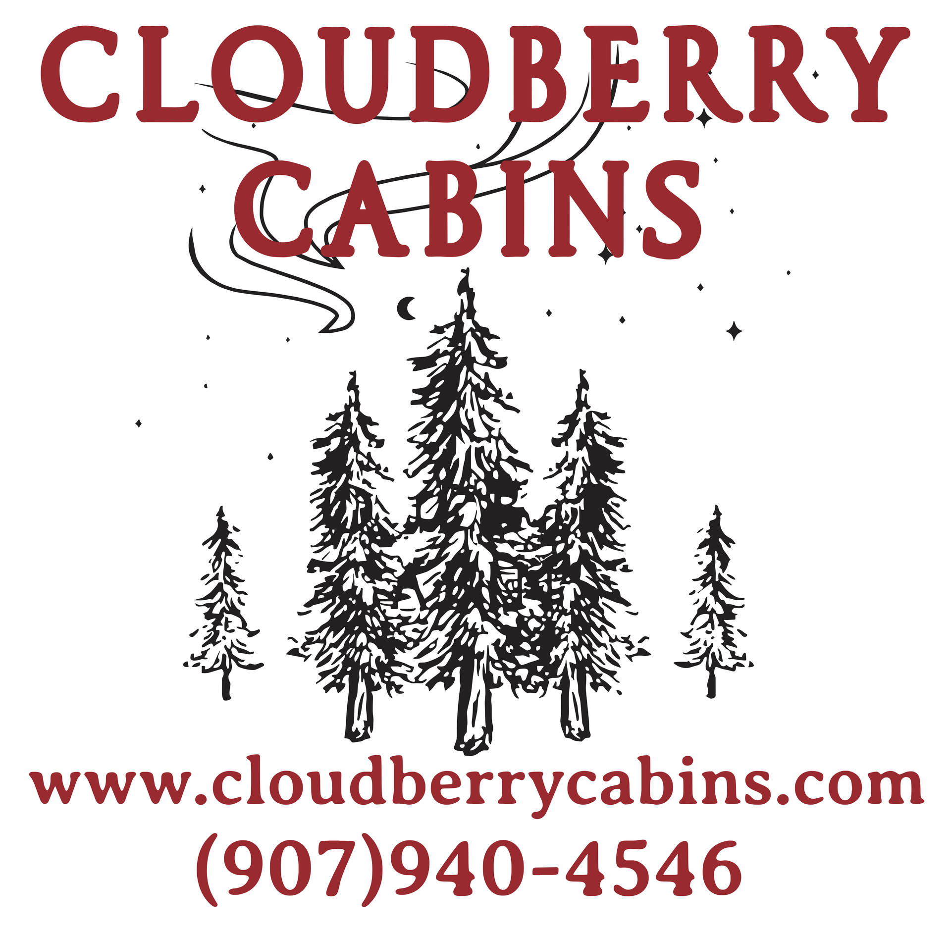A logo for cloudberry cabins with a drawing of pine trees.