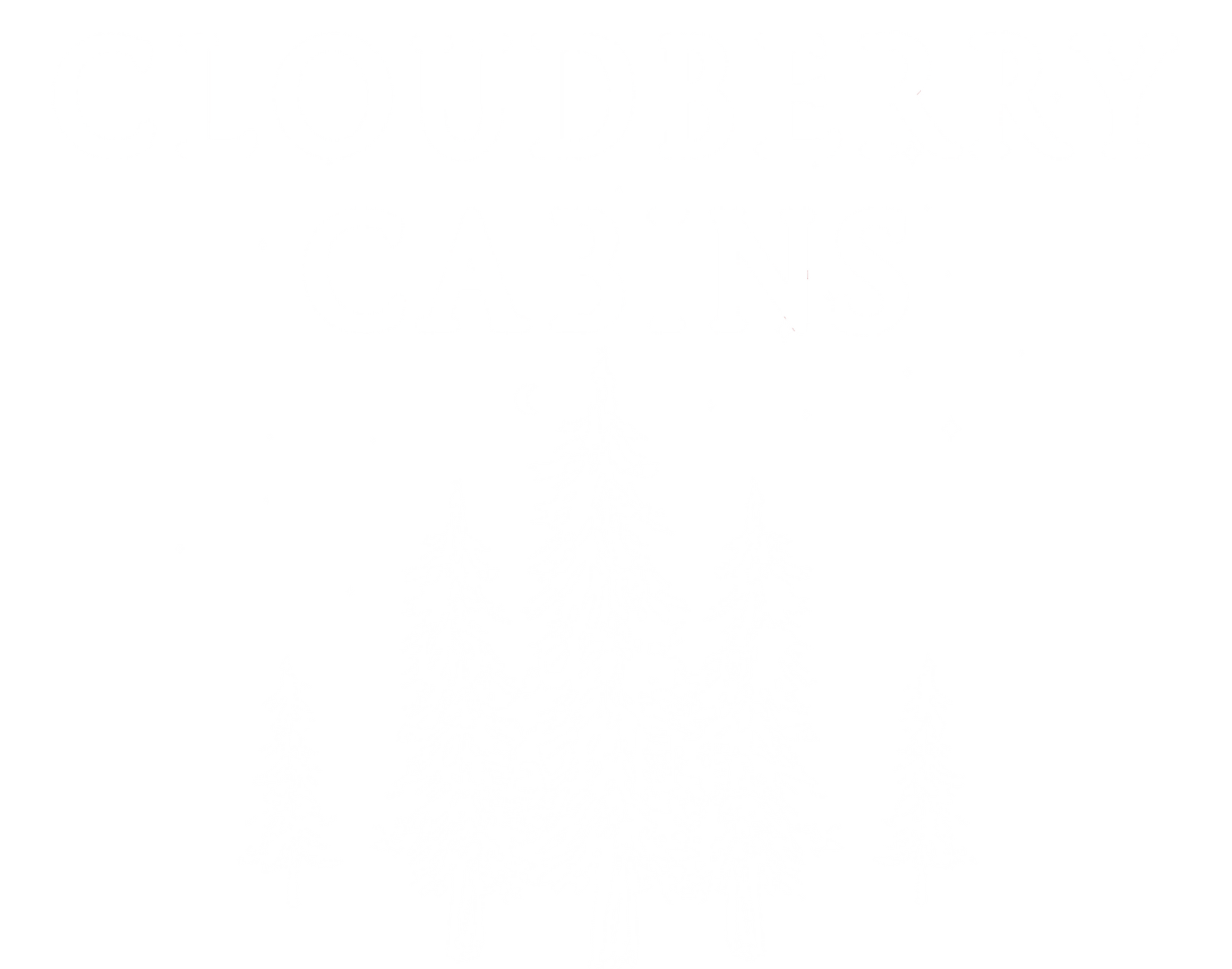 A logo for cloudberry cabins with a drawing of pine trees.