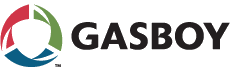 Gasboy logo: circular emblem with red, green, and blue segments. Bold, black 