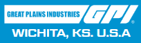Logo for Great Plains Industries, Wichita, KS, U.S.A. Features text and the letters