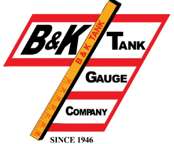 Logo for B&K Tank Gauge Company: red and white geometric shapes with black text and a measuring stick.