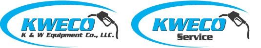 Two logos for Kweco, one for K&W Equipment Co., LLC, and one for Service, with a blue oval and gas nozzle.