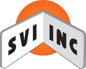 SVI INC logo: White angled panels with black text, orange circle background.