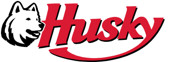 Logo of a husky dog next to the red word