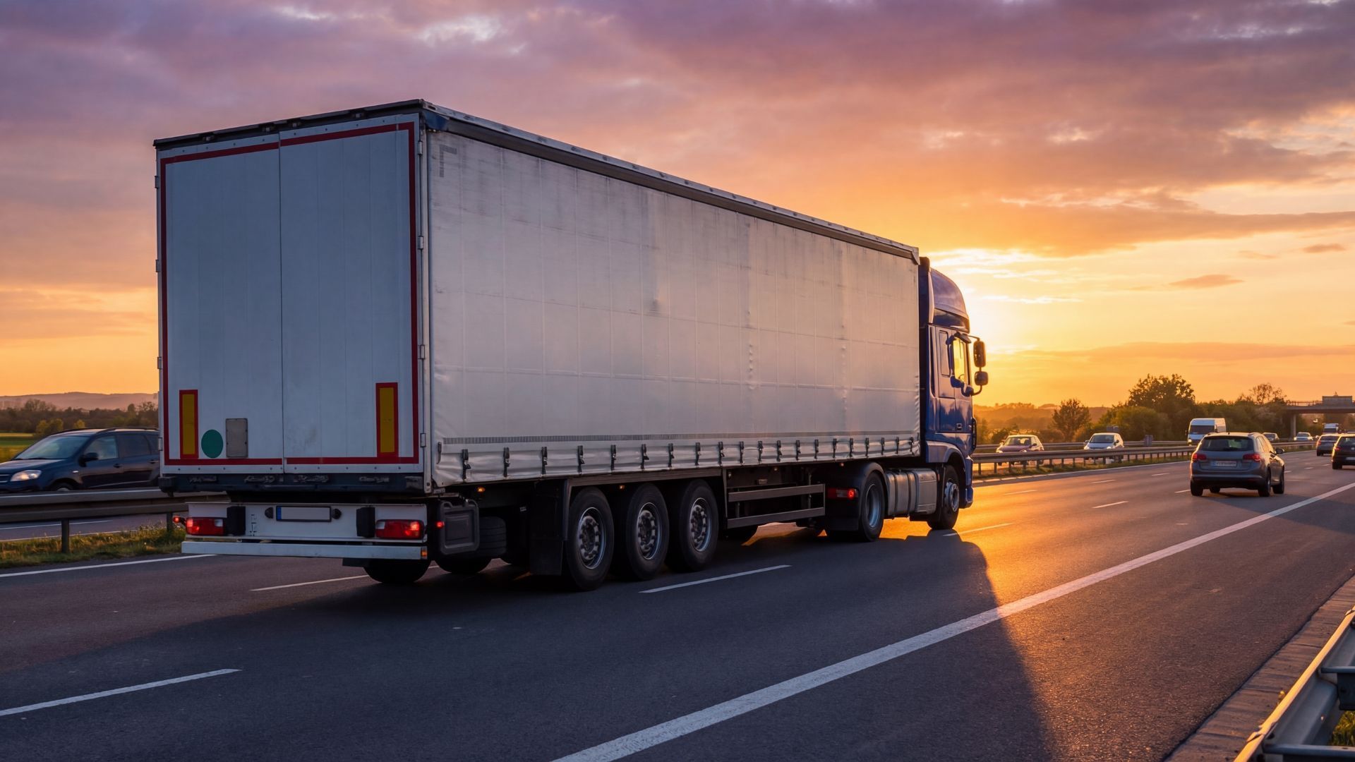 Semi-truck driving on a highway at sunset, with a warm orange sky and cars nearby