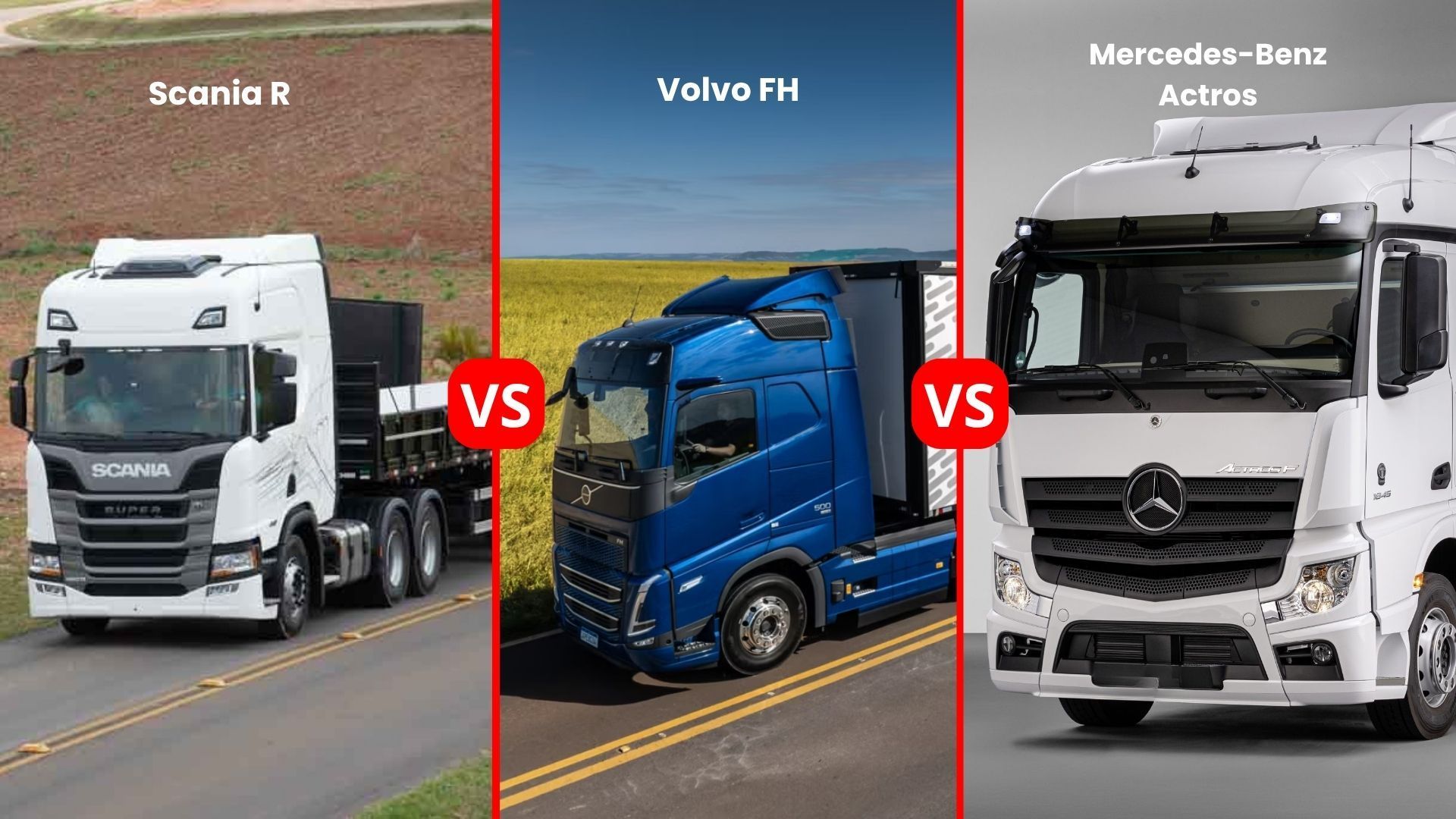 Three white Mercedes trucks compared with a blue Volvo FH in a split-screen highway scene, labeled with red VS markers