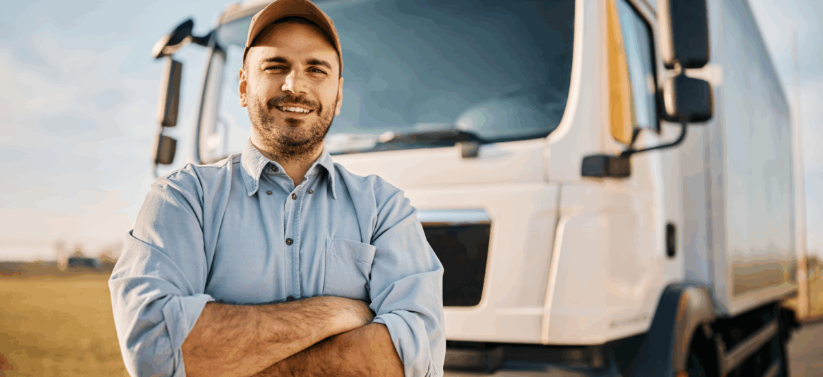 Smiling worker in a cap stands in front of a white delivery truck outdoors.