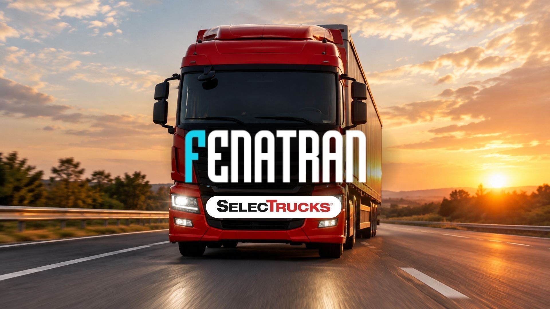 Red Fenatra truck driving on a highway at sunset with Selectrucks logo on the front