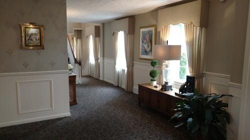 Bright hallway with carpet, windows, framed art, lamp, and potted plant in a home interior