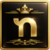 Gold lowercase “n” logo with crown and ornate flourishes on a black square background