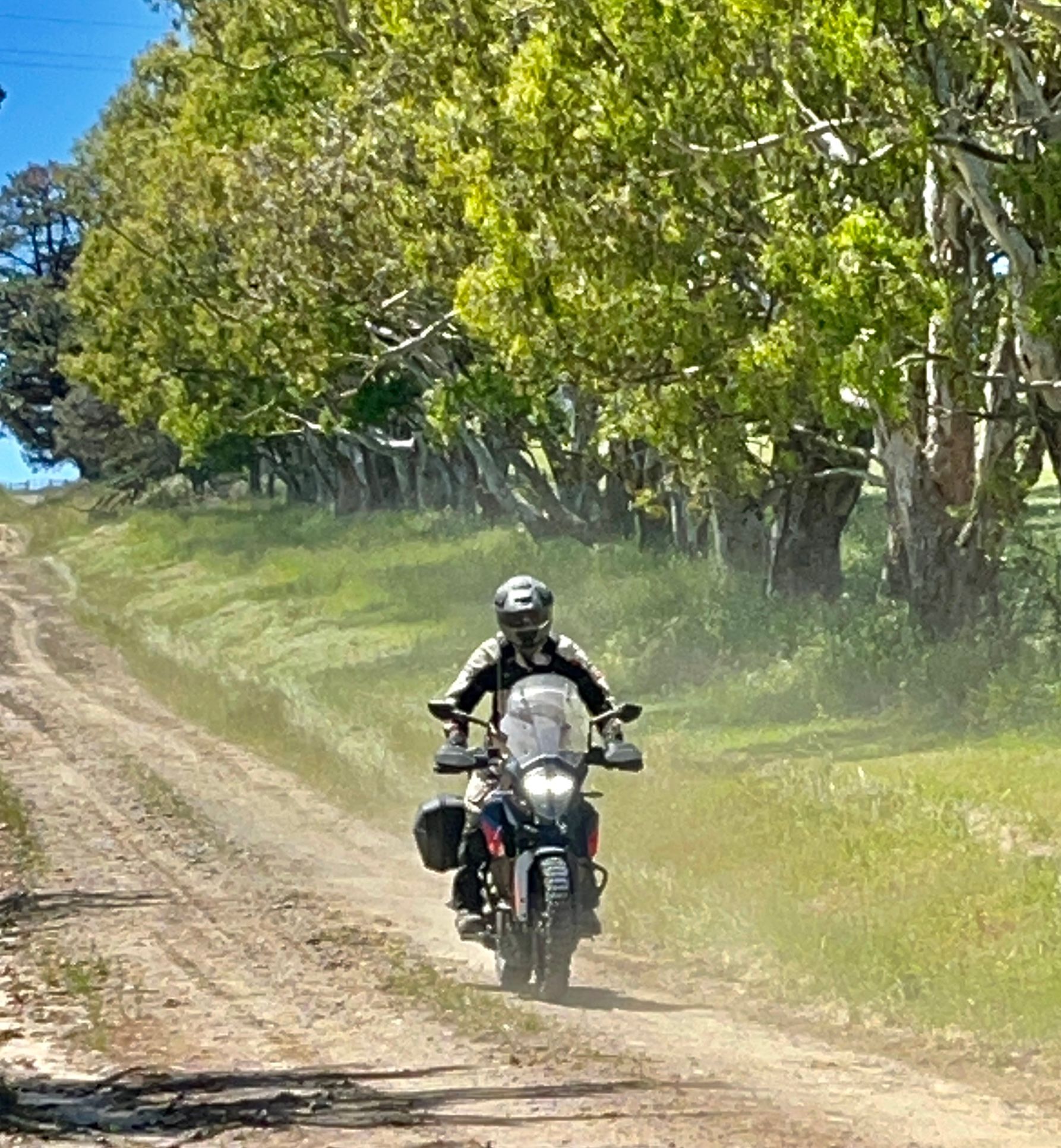 Two motorcycles riding on a dirt road through a hilly, wooded area.
