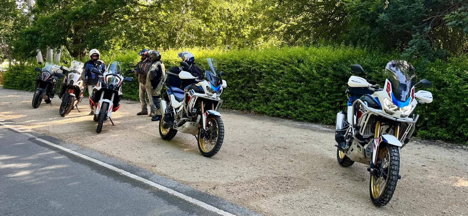 Four motorcycles parked on a gravel roadside beside a green hedge in bright daylight