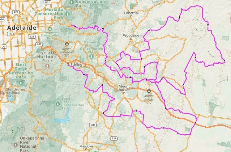 Map of Adelaide area with magenta route outlines over roads and suburbs